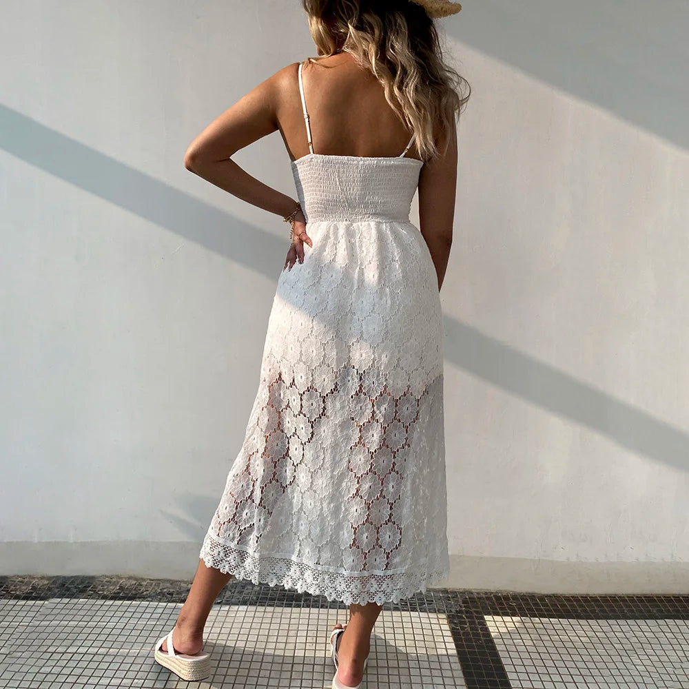 Vestido Blanco Lencero con cordones y Escote en V Ariya