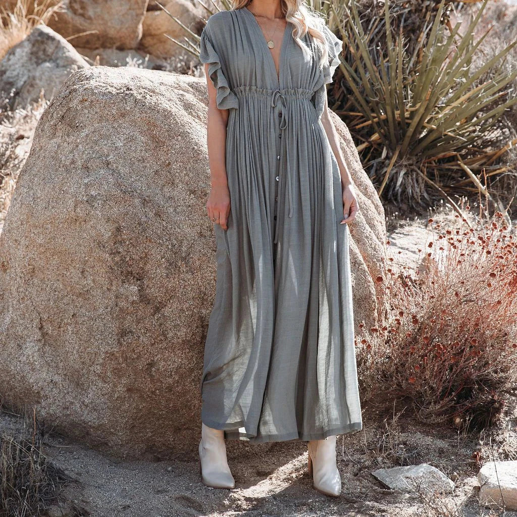 Vestido Gris Playero Largo Abotonado y Mangas Volantes