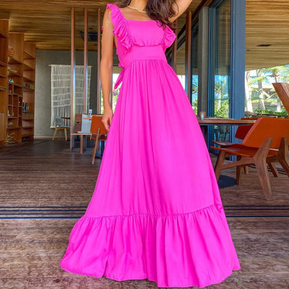 Vestido Rosado en Escote Cuadrado y con Volantes