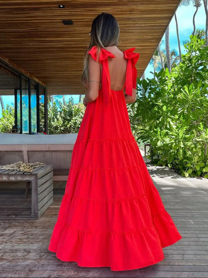 Vestido Rojo con Escote en V con y Tirantes con lazo