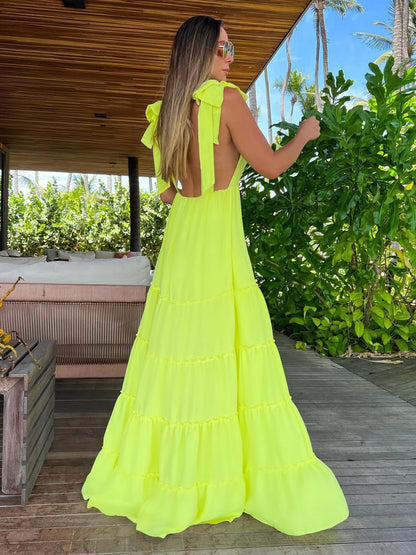 Vestido Amarillo con Escote en V con y Tirantes con lazo