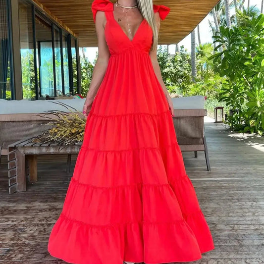 Vestido Rojo con Escote en V con y Tirantes con lazo